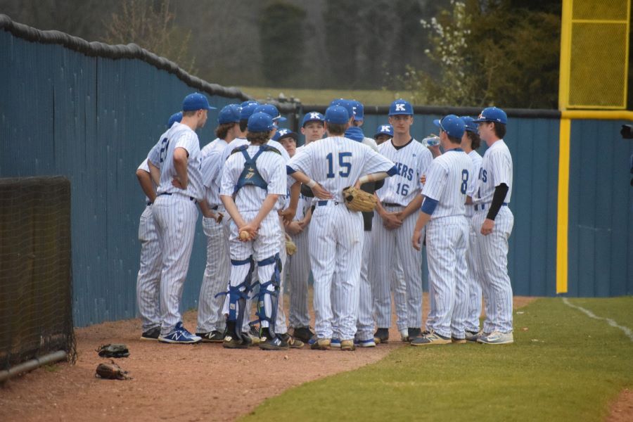The Beaver baseball team huddles up to discuss their next play against Campbell County.