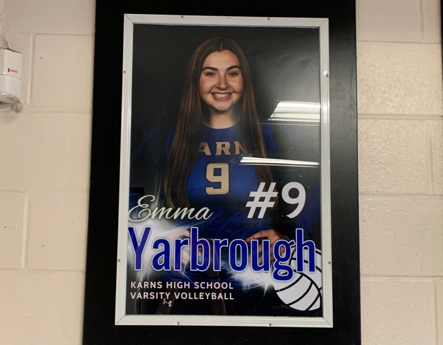 Emma Yarbroughs Volleyball photo hangs proudly in the gym.
