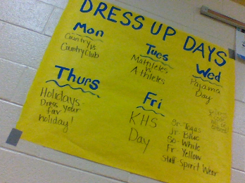 This years dress up days include Country vs Country Club, Mathletes vs Athletes, Pajama Day, and Holiday.